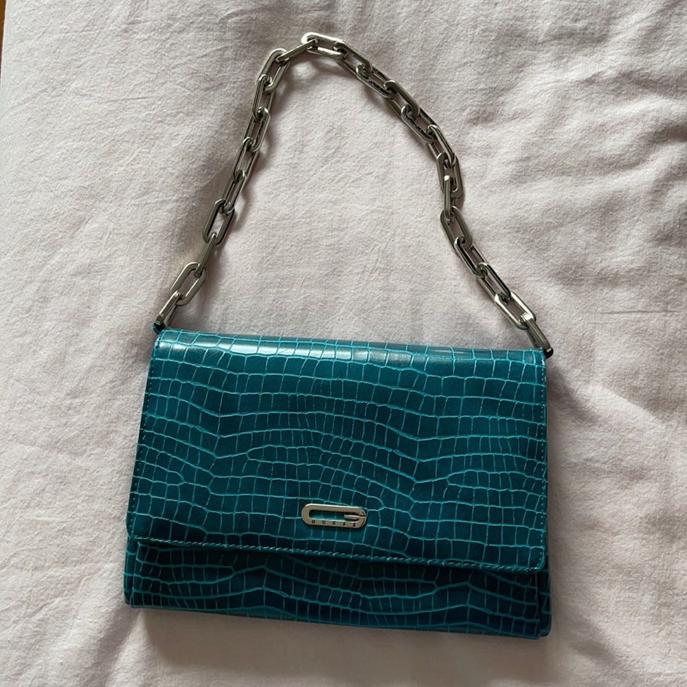 Vintage GUESS teal crocodile pochette purse